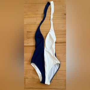 SOLID & STRIPED Navy and Cream Swimsuit